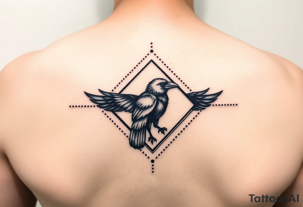 Diamond Geometric design with dotted lines with crow in the center with dark shading for forearm tattoo idea