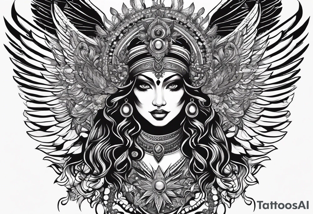 black kali, goddess pirate, alien, angel, pachamama, valkrye, warrior, flying, skull, lotus azul, wing, eagle, zenza resonance, stars, 5D, anahata chakra, death, durga, riding on a tiger, flying lady, kundalini, chest tatoo, samuri, rebel tattoo idea