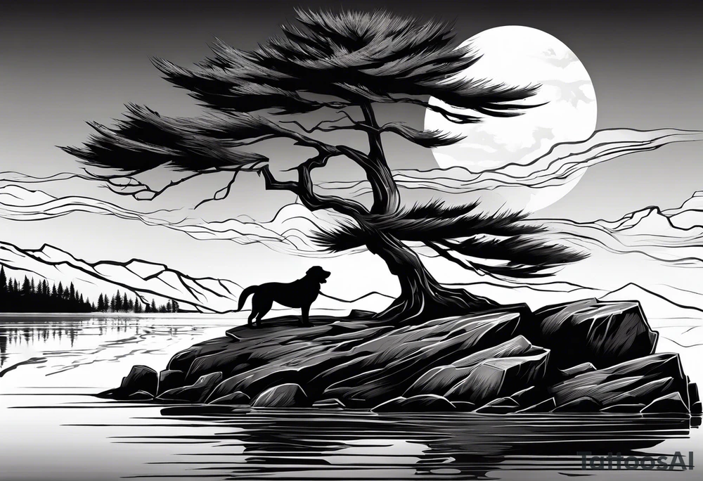 Sleeve tattoo windswept pine tree before lake with low cliff face on another side of lake. Mastiff silhouette in the foreground. with a dock coming out from the shore tattoo idea