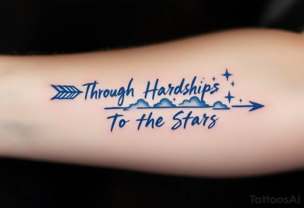 Scrawled in ink that fades from cobalt to silver, the quote “Through Hardships To the Stars” runs under an arrow piercing the clouds skyward. tattoo idea