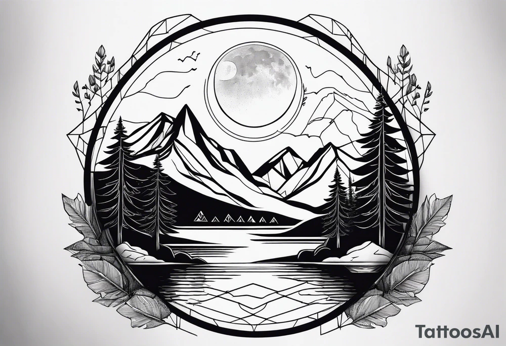 Geometric nature tattoo with moutains, lake, forest, and a moon. Tattoo needs to be the size of the entire forearm, please. tattoo idea