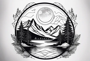 Geometric nature tattoo with moutains, lake, forest, and a moon. Tattoo needs to be the size of the entire forearm, please. tattoo idea