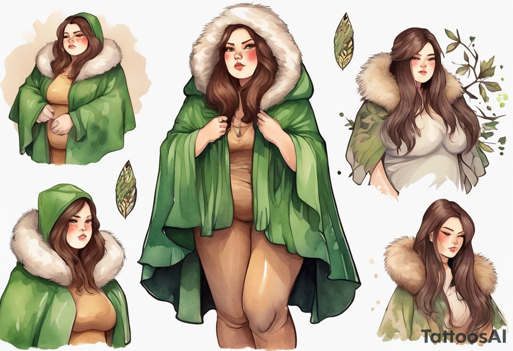a chubby tan woman with long brown hair  and green eyes wearing a fur cloak tattoo idea