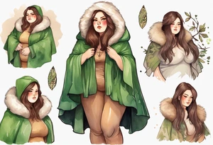 a chubby tan woman with long brown hair  and green eyes wearing a fur cloak tattoo idea