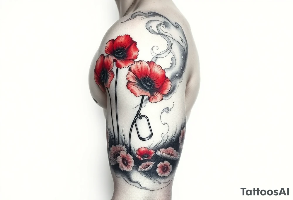 army inspired loss of friends, 2 red poppy’s, and smoke with dog tags in a field of fire tattoo idea