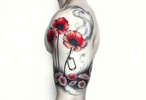 army inspired loss of friends, 2 red poppy’s, and smoke with dog tags in a field of fire tattoo idea