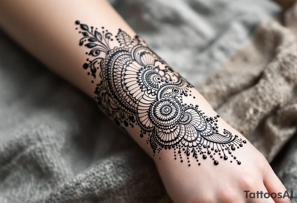 Indian style Henna tattoo for the inner wrist including word pain tattoo idea