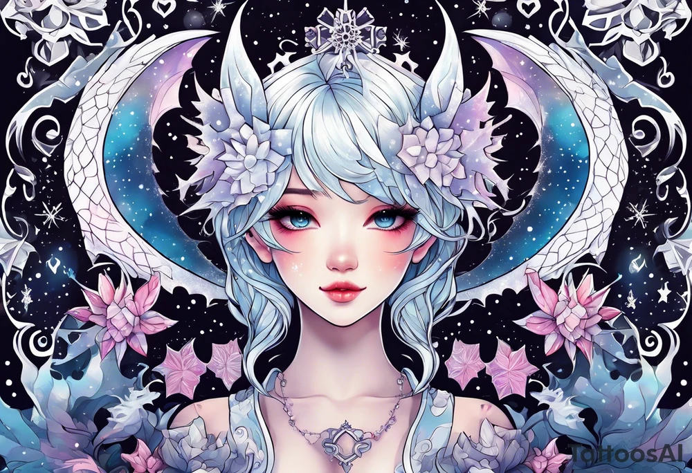 Constellation, kawaii dragon girl , snowflake tattoo idea