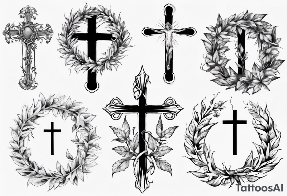wreath leaves and the cross at the end of the leaves tattoo idea