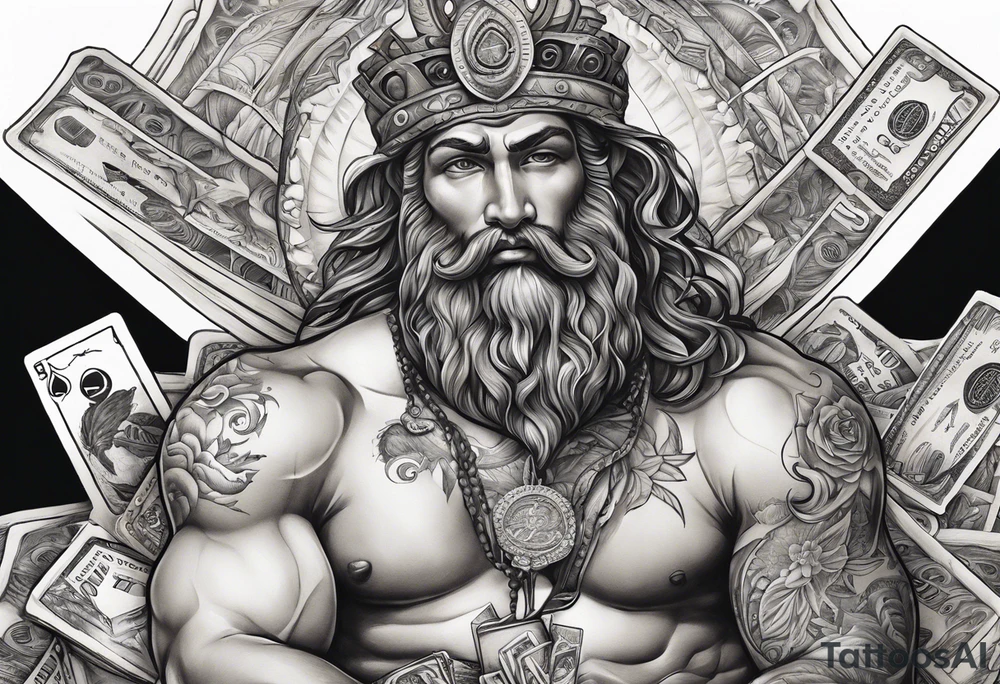 God on top representing god over everything, lower on the leg show things like money, drinking, something beachy, cards tattoo idea