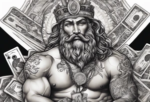 God on top representing god over everything, lower on the leg show things like money, drinking, something beachy, cards tattoo idea