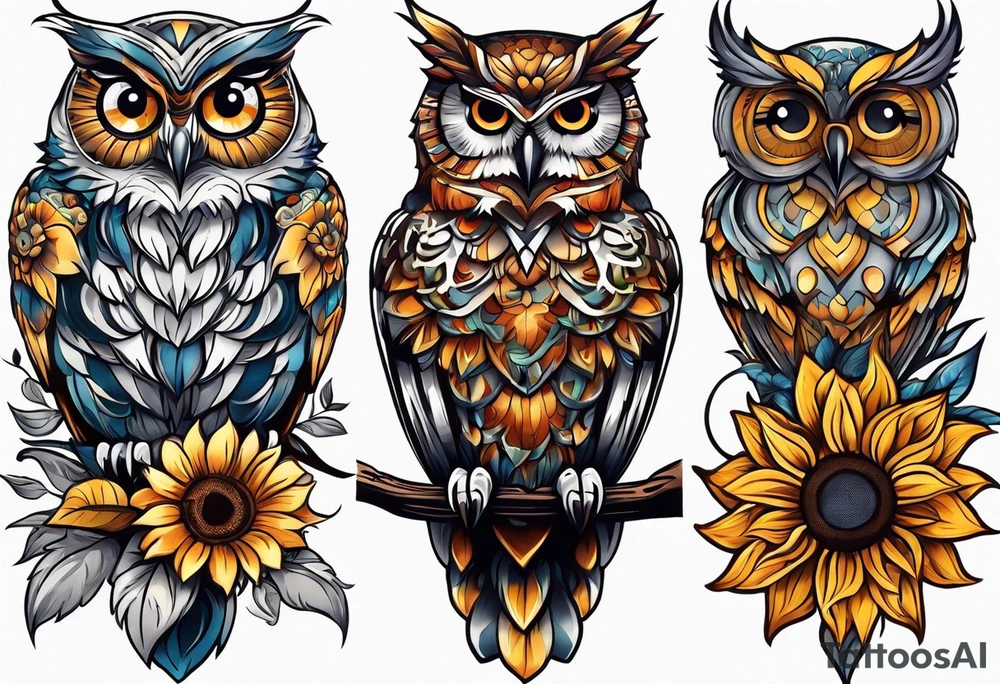 Small owl with butterfly and sunflower leg sleeve tattoo idea