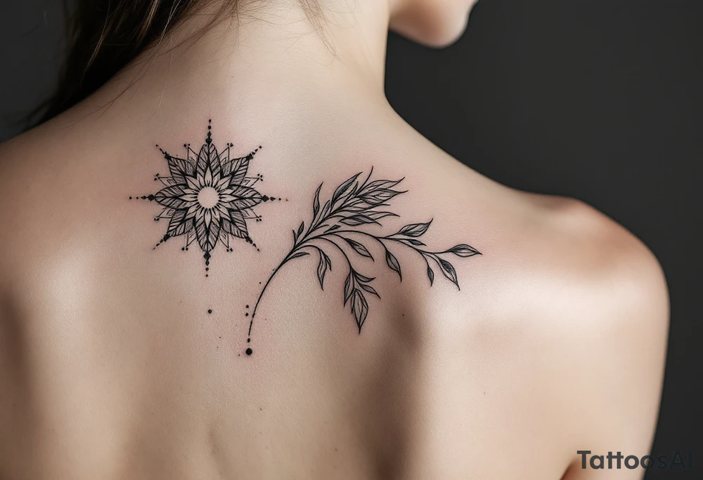 Minimalist style tattoo with oranental design with symbolism and dot work , full back tattoo idea