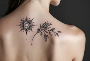 Minimalist style tattoo with oranental design with symbolism and dot work , full back tattoo idea