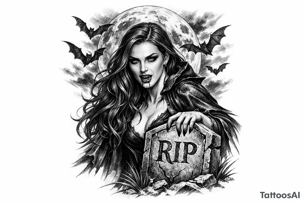 female vampire,bats,full moon,a gravestone. tattoo idea