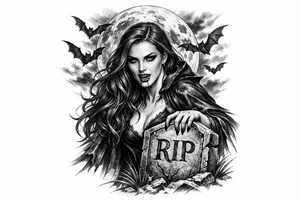 female vampire,bats,full moon,a gravestone. tattoo idea