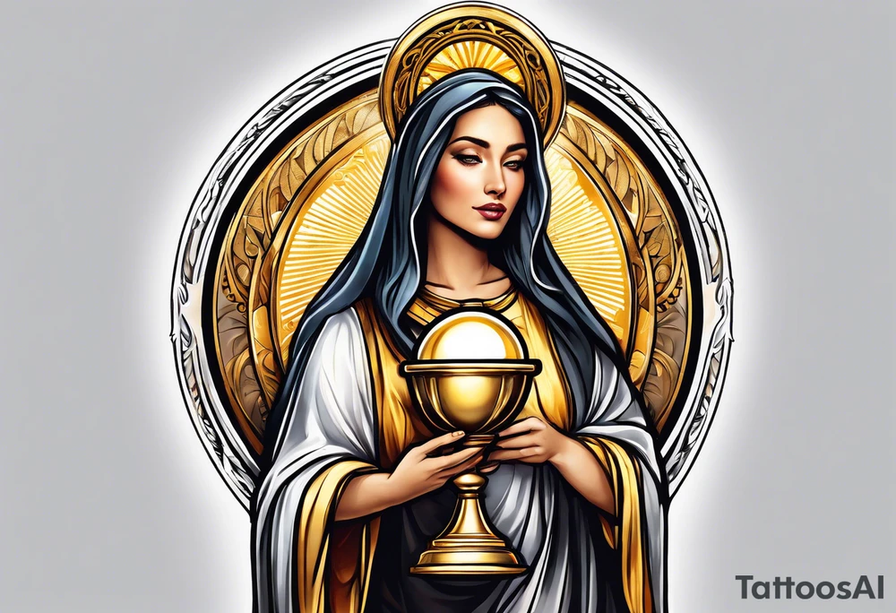 holy saint woman with golden halo holding a chalice tattoo idea