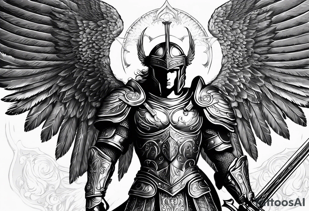 **Tattoo Design: Archangel Michael**

- **Central Theme**: Archangel Michael, majestic and powerful, stands ready with a raised sword, prepared to battle evil.
- **Appearance**: The figure of Archangel Michael depicted in full angelic armor, with majestic wings spread wide.
- **Expression**: His stance conveys strength, courage, and determination in defense of good.
- **Details**: Focus on intricate details such as facial features, armor embellishments, and the raised sword.
- **Background**: May be stylized as celestial, with rays of light or clouds, accentuating the divine presence of Archangel Michael.
- **Placement**: Intended for placement on the chosen body area, with the option to adjust the size according to personal preferences. tattoo idea
