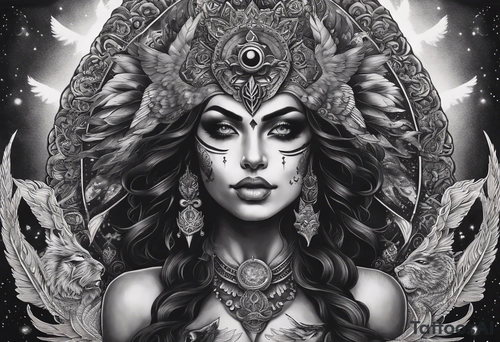 black kali, goddess pirate, alien, angel, pachamama, valkrye, warrior, flying, skull, lotus azul, wing, eagle, zenza resonance, stars, 5D, anahata chakra, death, durga, riding on a tiger, flying lady, kundalini, chest tatoo, rebel tattoo idea