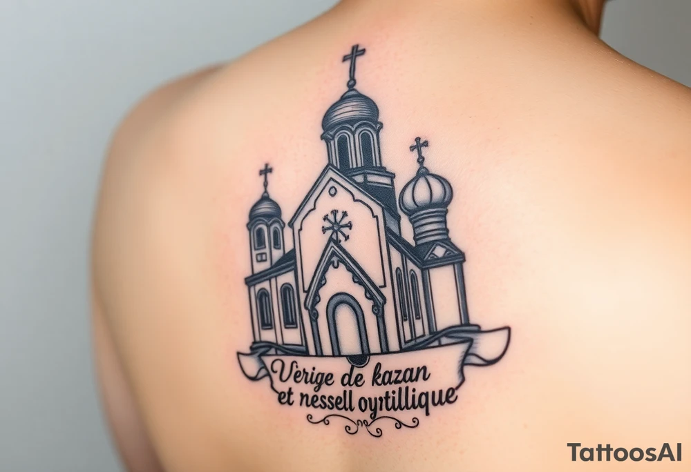 Vierge de kazan sur église russe orthodoxe et inscription en cyrillique tattoo idea