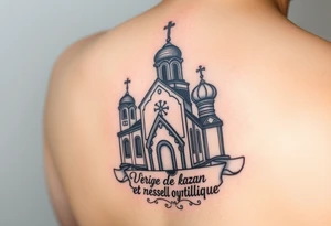 Vierge de kazan sur église russe orthodoxe et inscription en cyrillique tattoo idea