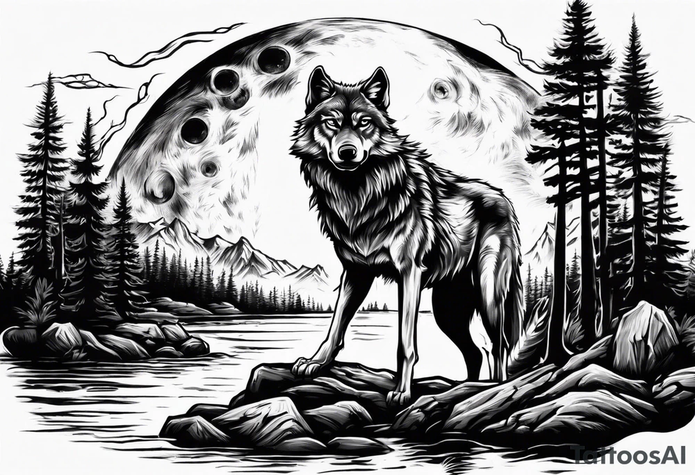 Wolf face a river under it the full moon above big pine trees tattoo idea