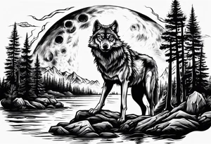 Wolf face a river under it the full moon above big pine trees tattoo idea