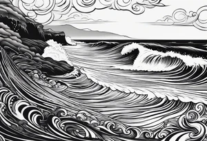 Many small Waves and a sandy beach in black and White, INSIDE a shape of an upright bodyboard tattoo idea