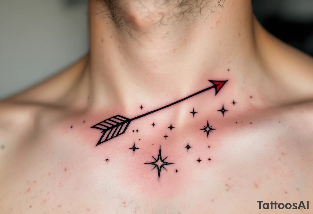 A fine-line Sagittarius constellation tattoo with a bold red arrow shooting across the stars on the ribcage. tattoo idea