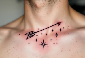 A fine-line Sagittarius constellation tattoo with a bold red arrow shooting across the stars on the ribcage. tattoo idea