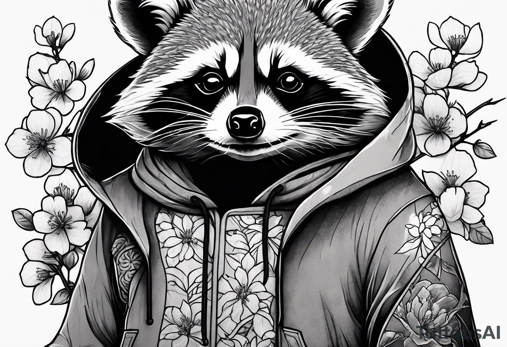 Raccoon wearing a Superman hoodie and Japanese cherry blossoms tattoo idea