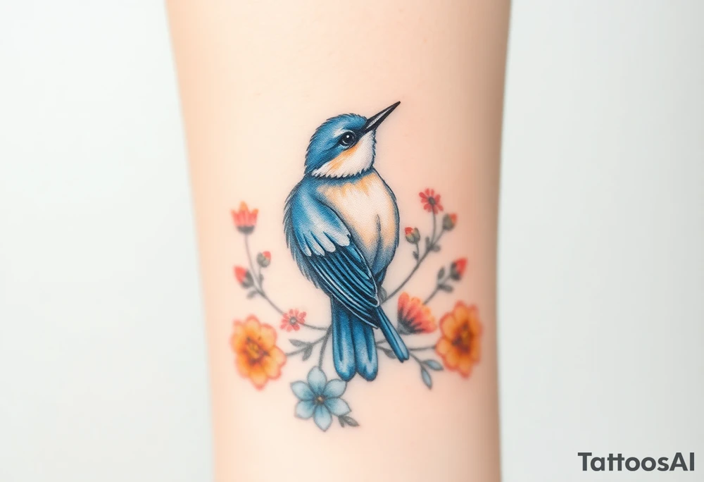 Puffy bluebird surrounded by wild flowers tattoo idea