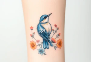 Puffy bluebird surrounded by wild flowers tattoo idea