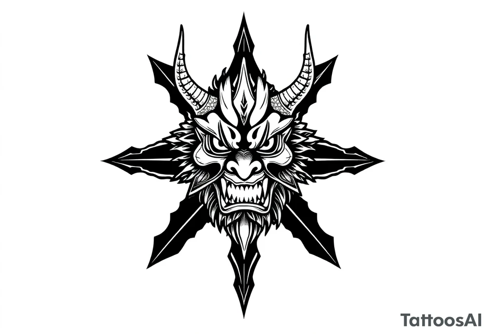 Abstract asterisk with a Japanese folklore demon from old times tattoo idea
