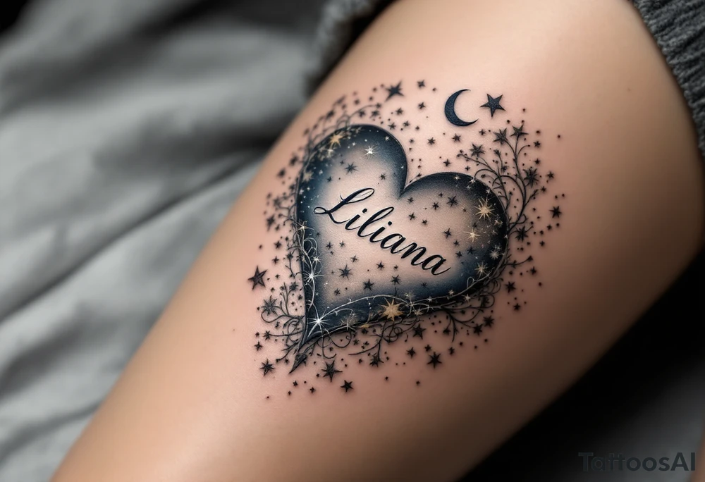 A heart surrounded by celestial bodies, with stars, a crescent moon, and the name "Liliana" written in an elegant, silver font, surrounded by soft shades of midnight blue. tattoo idea