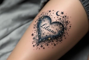 A heart surrounded by celestial bodies, with stars, a crescent moon, and the name "Liliana" written in an elegant, silver font, surrounded by soft shades of midnight blue. tattoo idea
