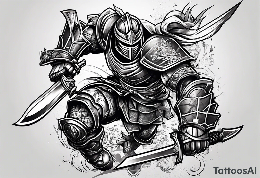Robot ninja warrior fighting a gladiator on forearm tattoo idea