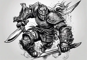 Robot ninja warrior fighting a gladiator on forearm tattoo idea
