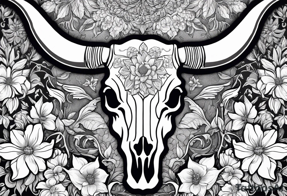 Detailed drawing of a longhorn skull surrounded by detailed flowers tattoo idea