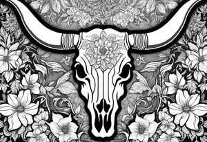 Detailed drawing of a longhorn skull surrounded by detailed flowers tattoo idea