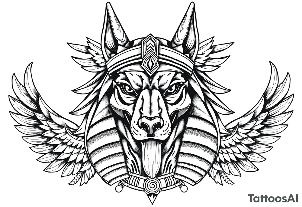 Egyptian Anubis god face muscle in Egypt style  with mantle on head with empty eyes 

dog face surrounded Egyptian symbols based on elements tattoo idea
