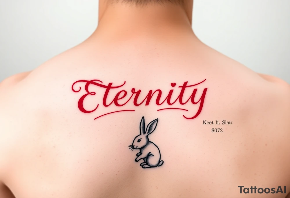 Eternity in elegant font in red and heart and rabbit zodiac sign tattoo idea