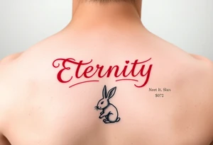 Eternity in elegant font in red and heart and rabbit zodiac sign tattoo idea