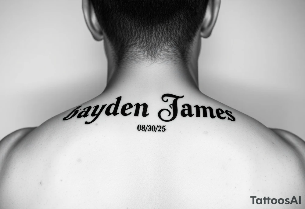 Brayden James name tattoo on forearm with dob 08/30/25 tattoo idea