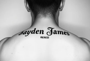 Brayden James name tattoo on forearm with dob 08/30/25 tattoo idea