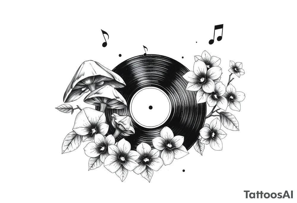 one black and white vinyl record with mushrooms, orchids, and music notes around it tattoo idea