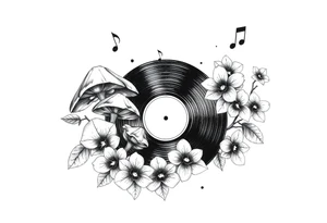 one black and white vinyl record with mushrooms, orchids, and music notes around it tattoo idea
