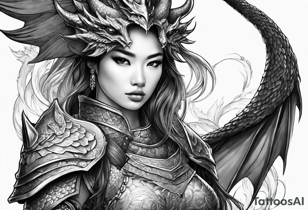beautiful warrior woman wearing dragon armor and a dragon flying tattoo idea