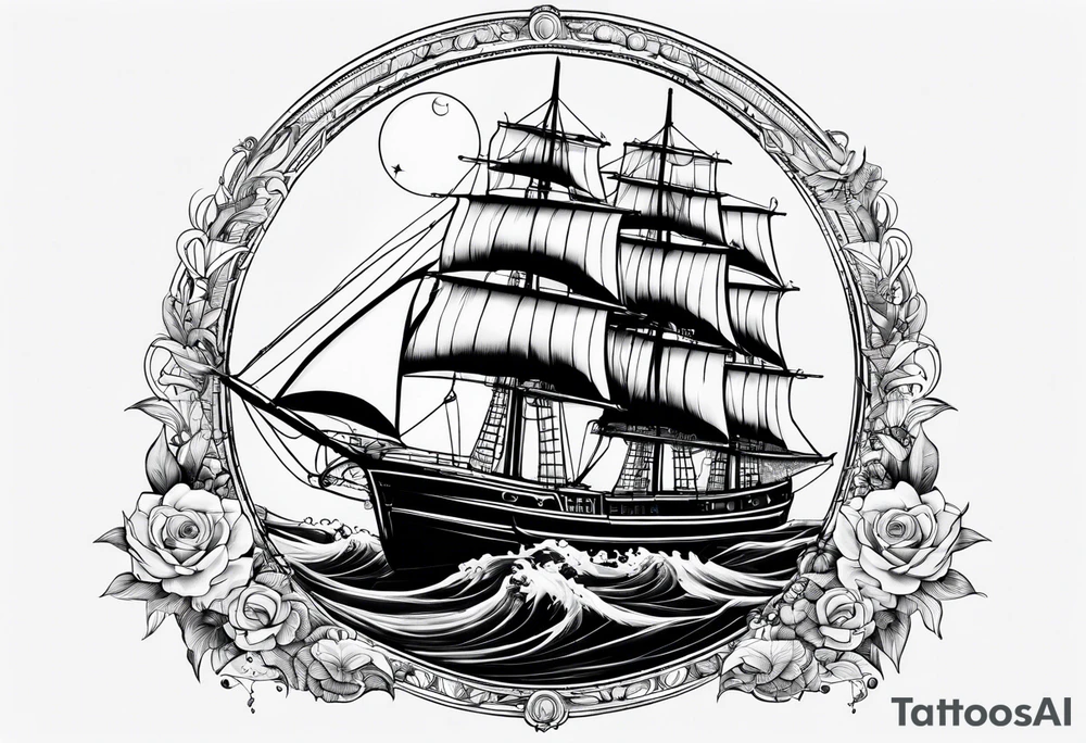bateau, phare maritime et lune bleu tattoo idea