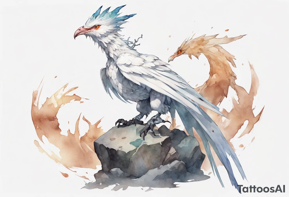 a white bird-wyvern hybrid, wearing a plain iron crown, perched on a stone tattoo idea